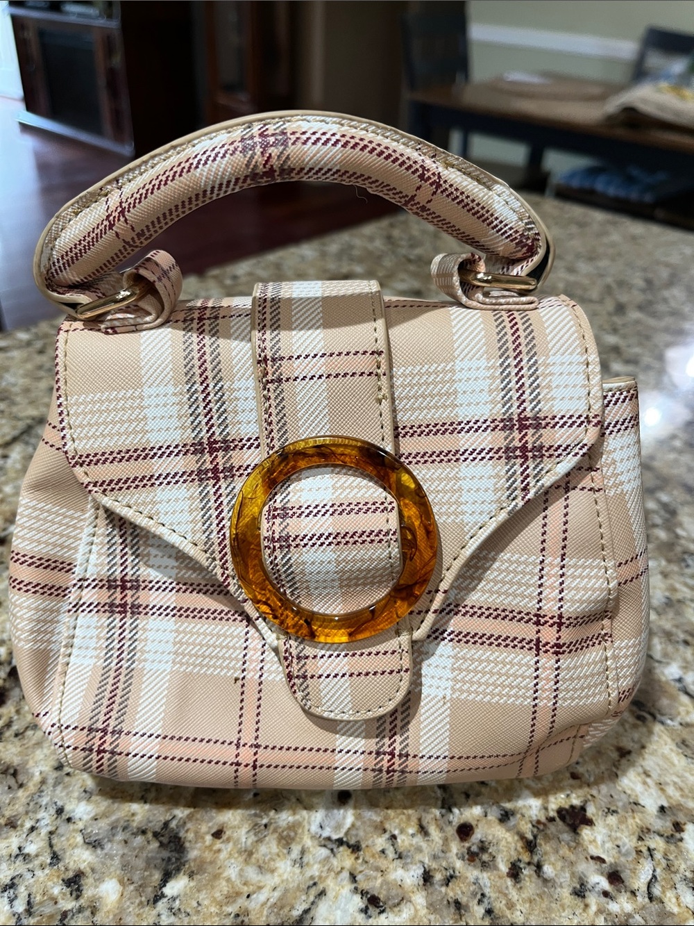 Versona Beige Plaid Mini Top-Handle Bag with Amber Accent